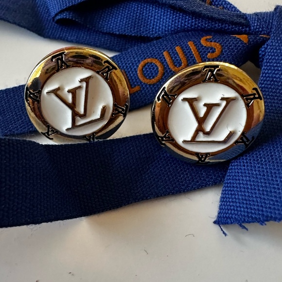 Louis Vuitton Gold White Button Metal Charm Stud Earrings - Picture 8 of 9